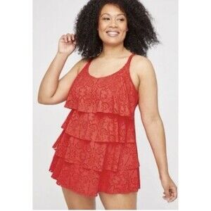 NWT Catherine's Coral Red Tiered Lace Built-in Bra Swimsuit Swim Dress 32W, NEW